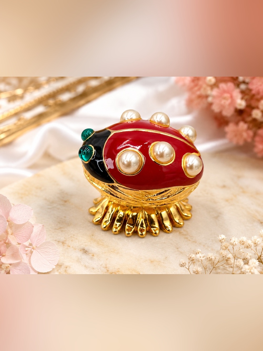 Kenneth Jay Lane KJL Ladybug Critter Trinket Box Brooch Pin Enamel Pearl NWOT